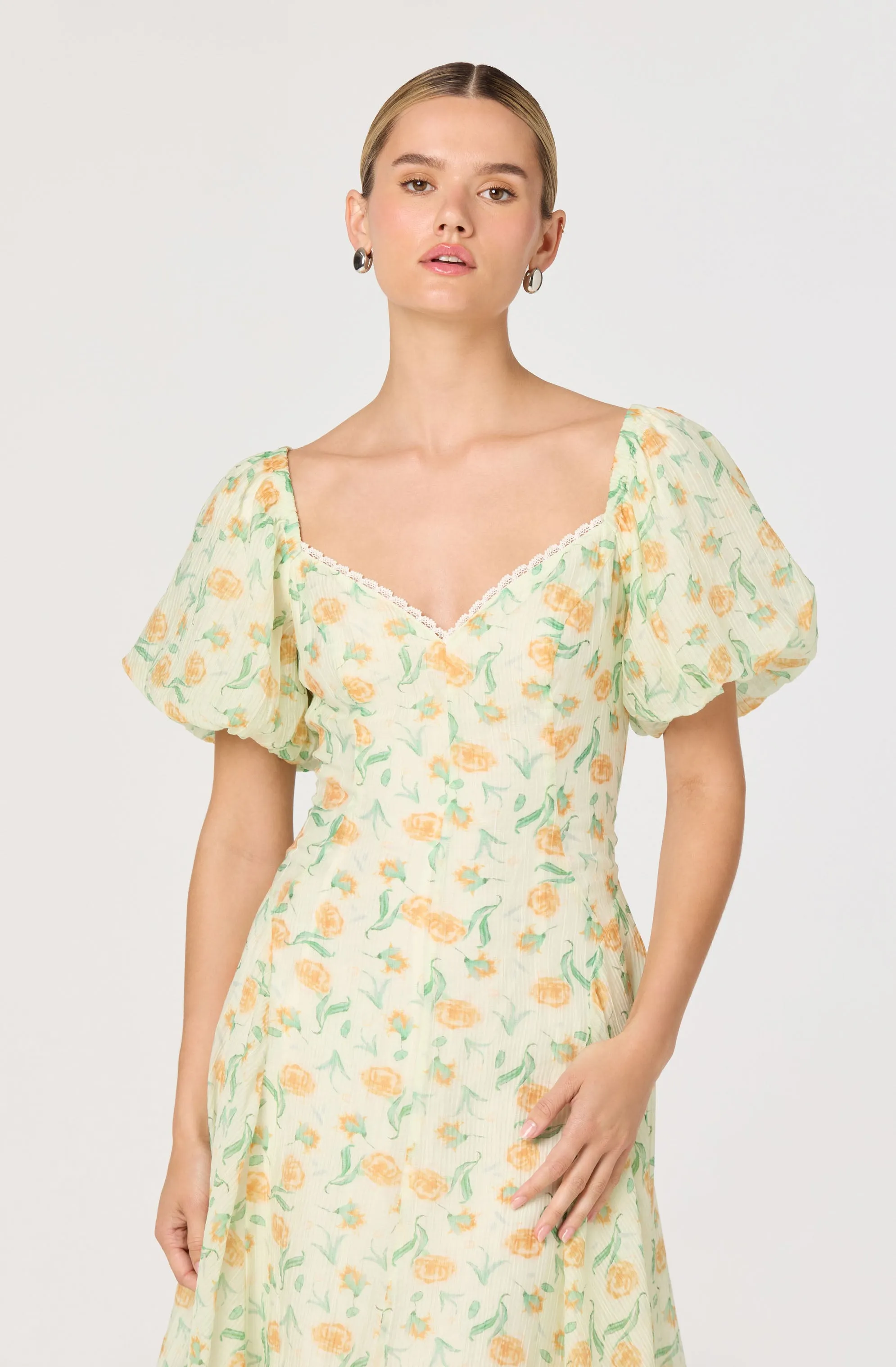 Mayra Floral Plissé Puff Sleeve Midi Dress sold by Astr product image thumbnail 5