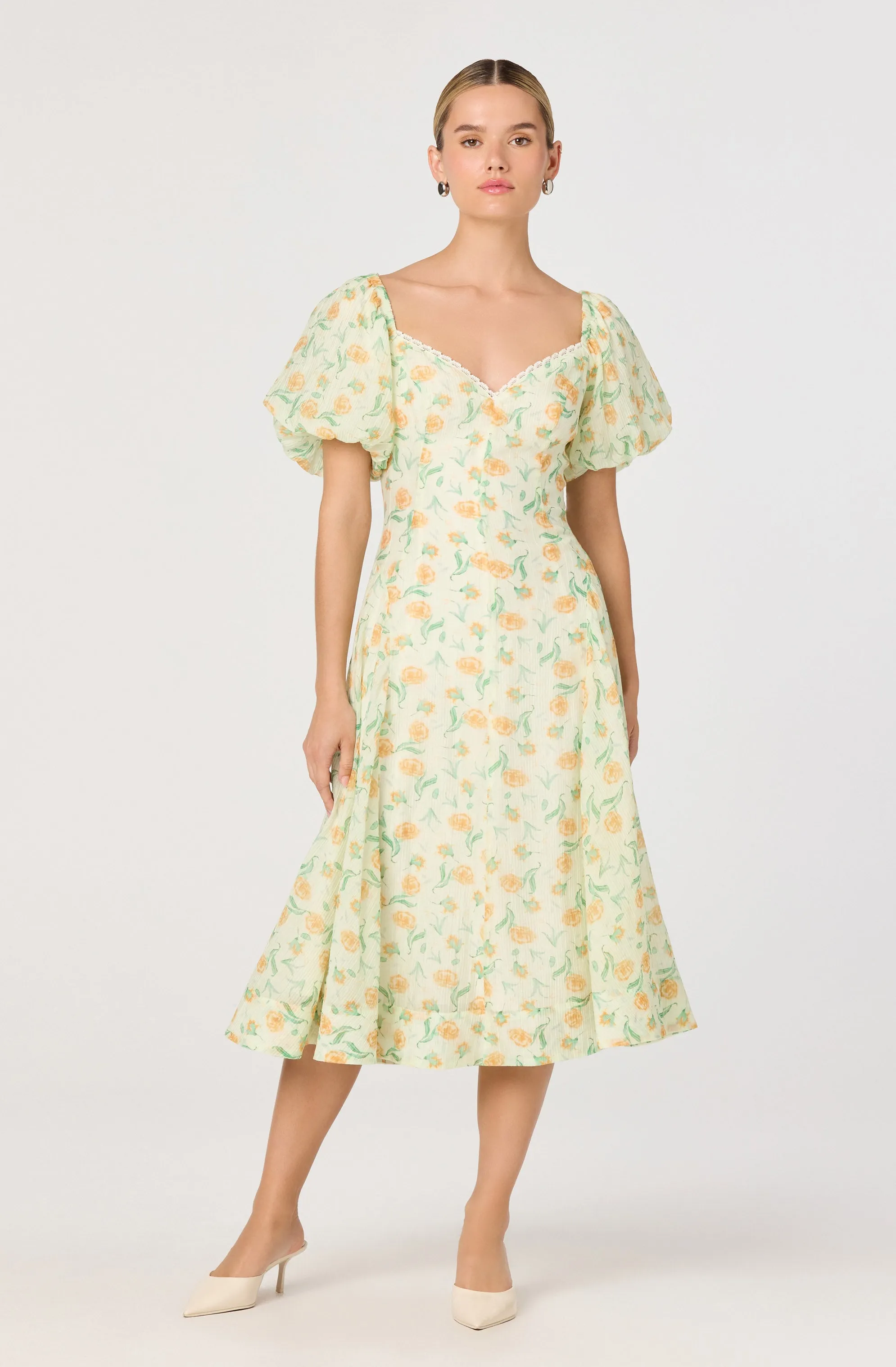 Mayra Floral Plissé Puff Sleeve Midi Dress sold by Astr product image thumbnail 2