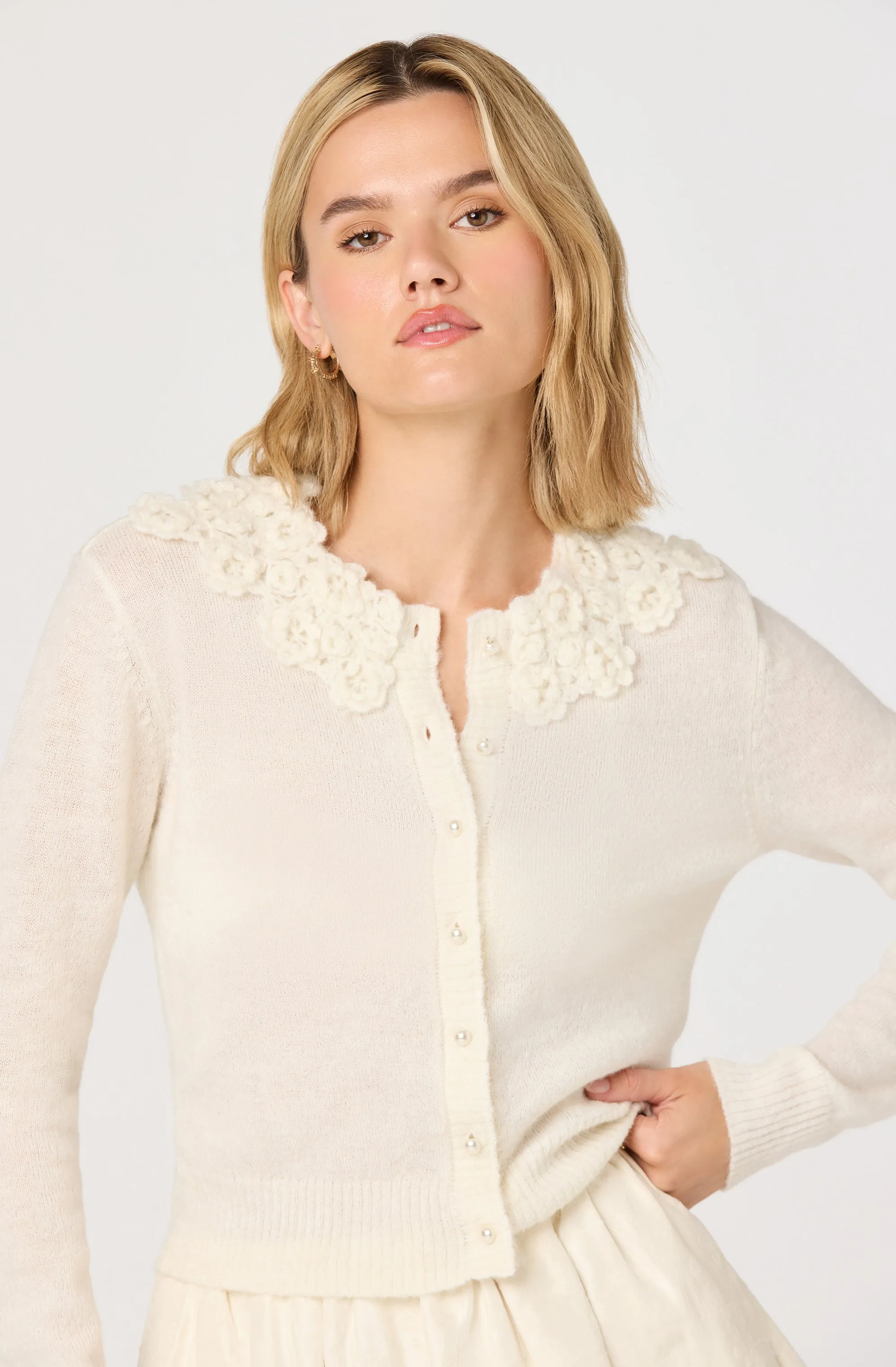 Meadow Floral Appliqué Collar Cardigan sold by Astr