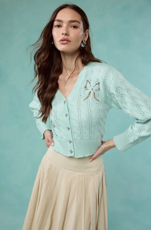 Kalen Pointelle Bow Detail Cardigan sold by Astr