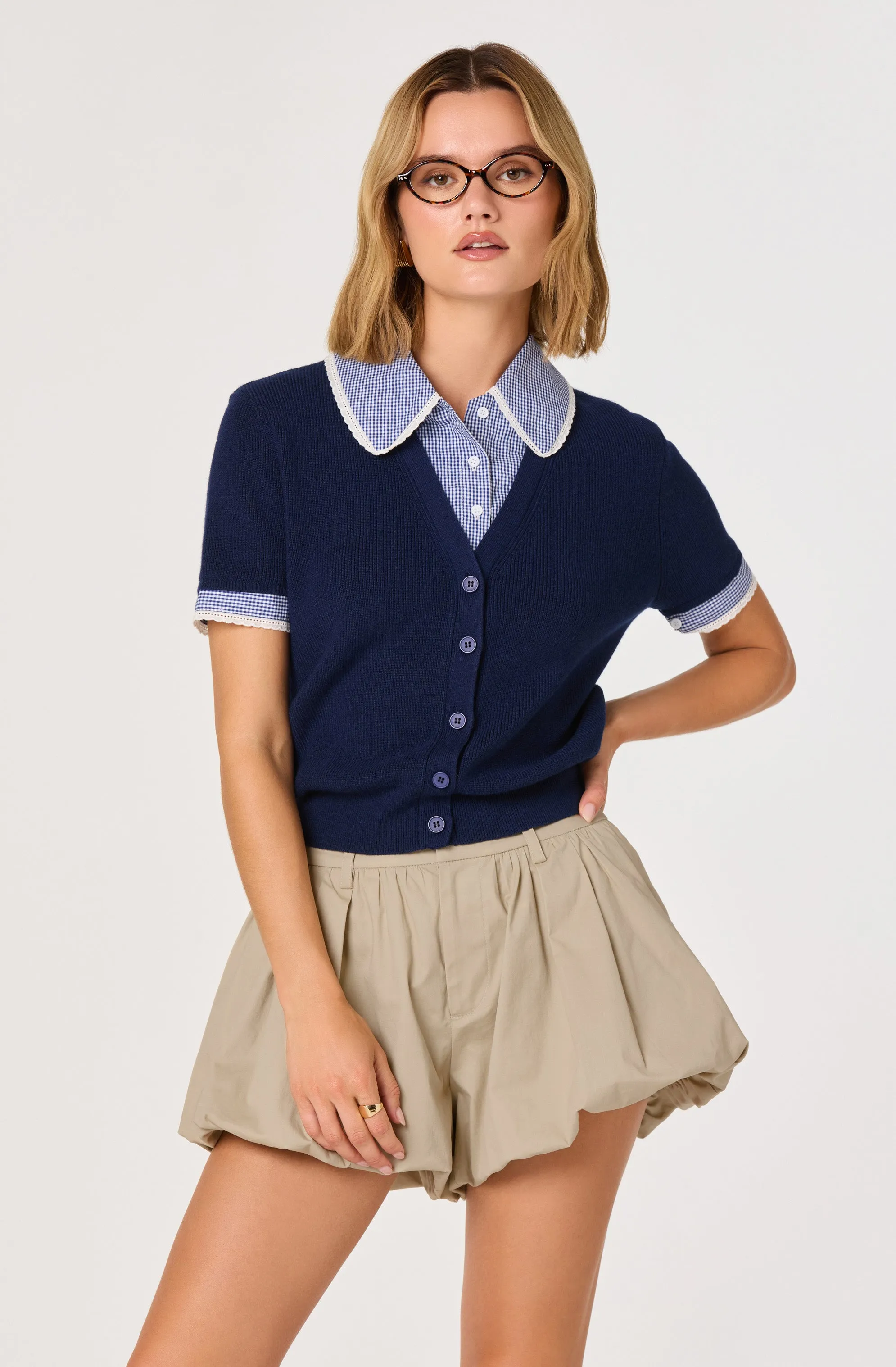 Marlee Mixed Media Cardigan with Gingham Collar sold by Astr product image thumbnail 3