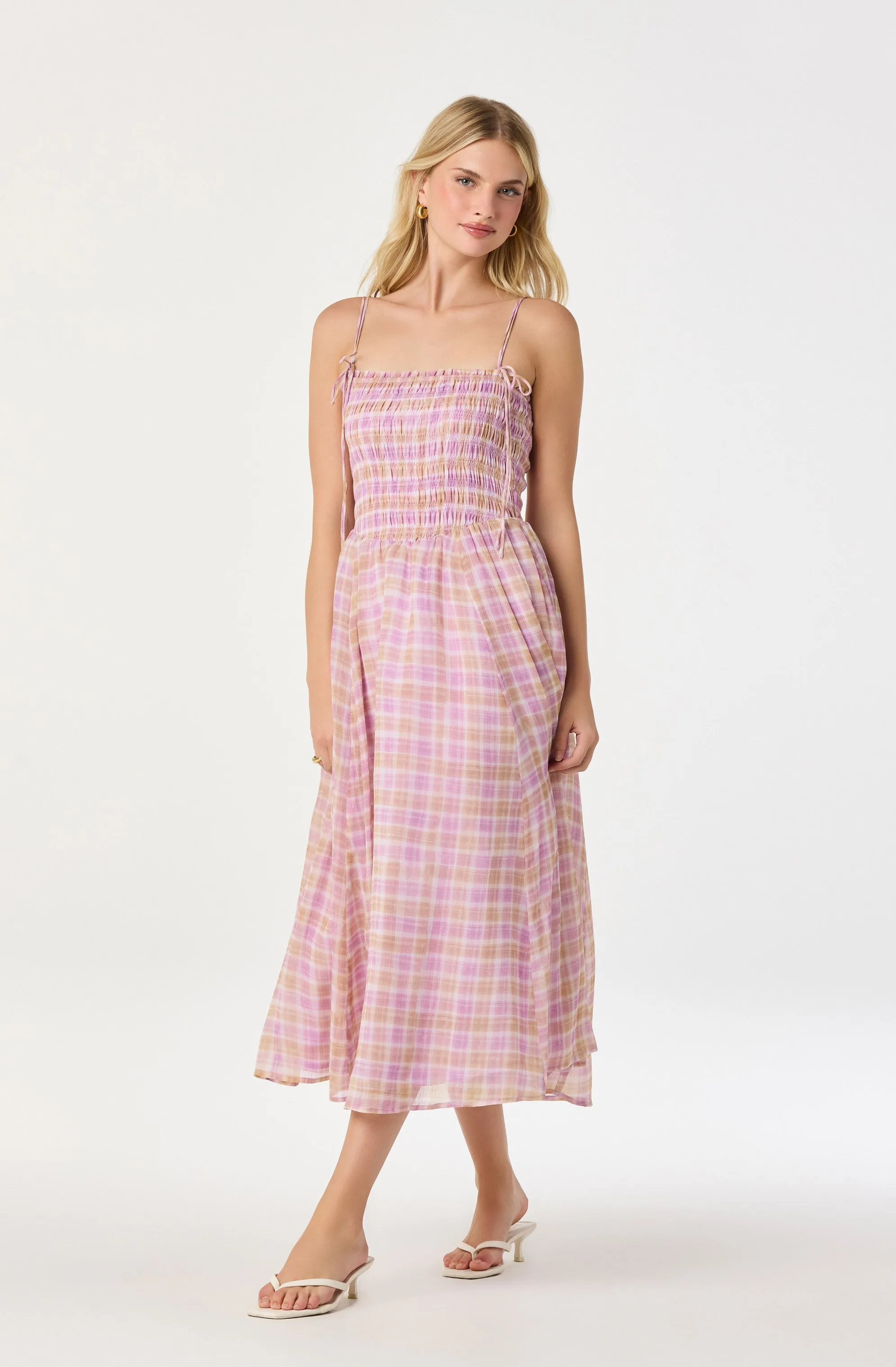 Lahela Plaid Smocked Midi Dress sold by Astr