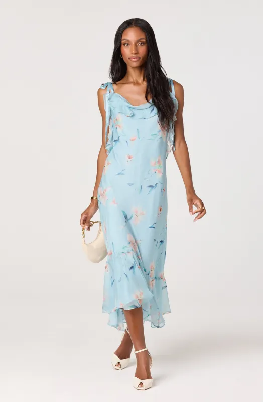 Nissa Floral Ruffle Midi Dress sold by Astr