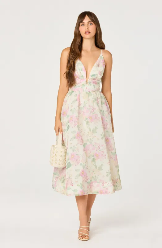 Janna Floral Plunge Midi Dress sold by Astr