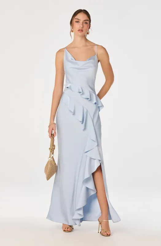 Adelina Satin Ruffle Maxi Dress made by Astr
