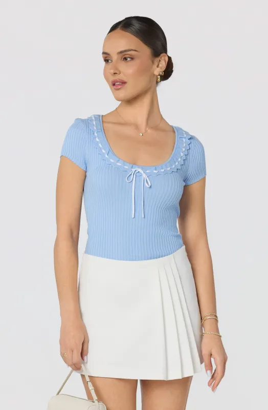 Lina Ruffle Trim Ribbed Sweater Top made by Astr