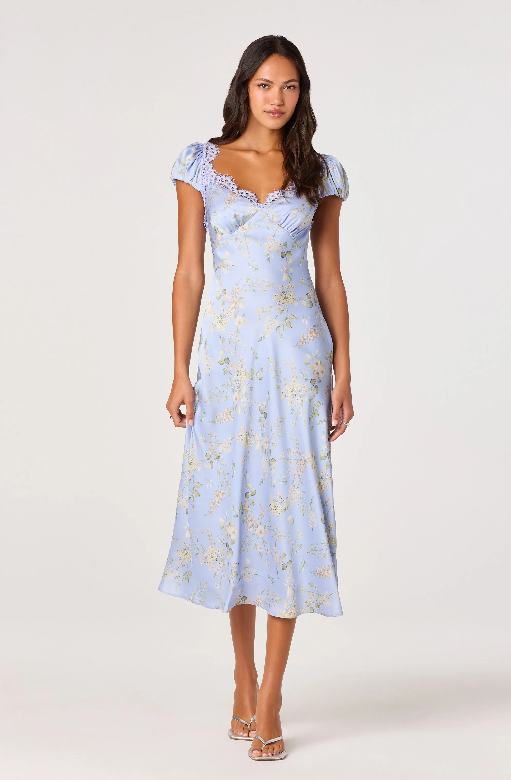 Makaela Puff Sleeve Floral Satin Midi Dress sold by Astr