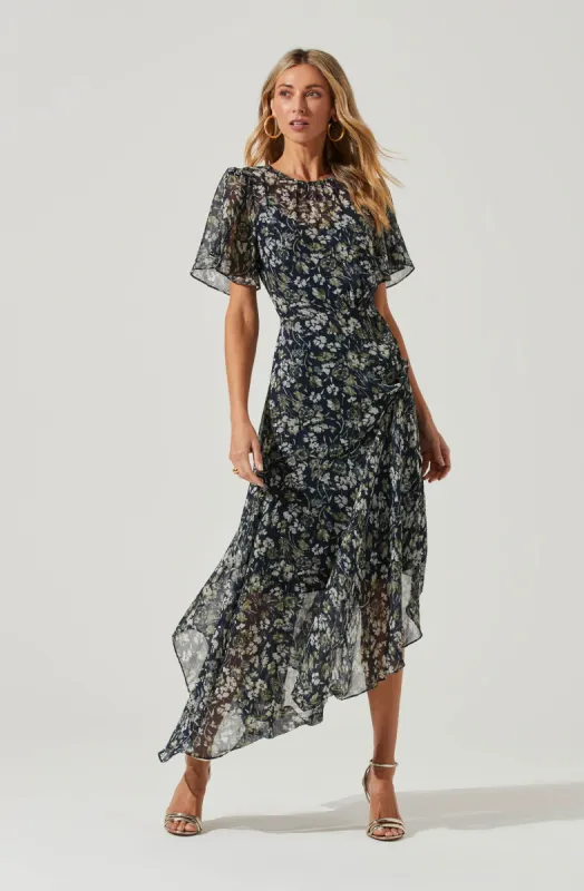 Flutter Sleeve Asymmetrical Floral Maxi Dress sold by Astr