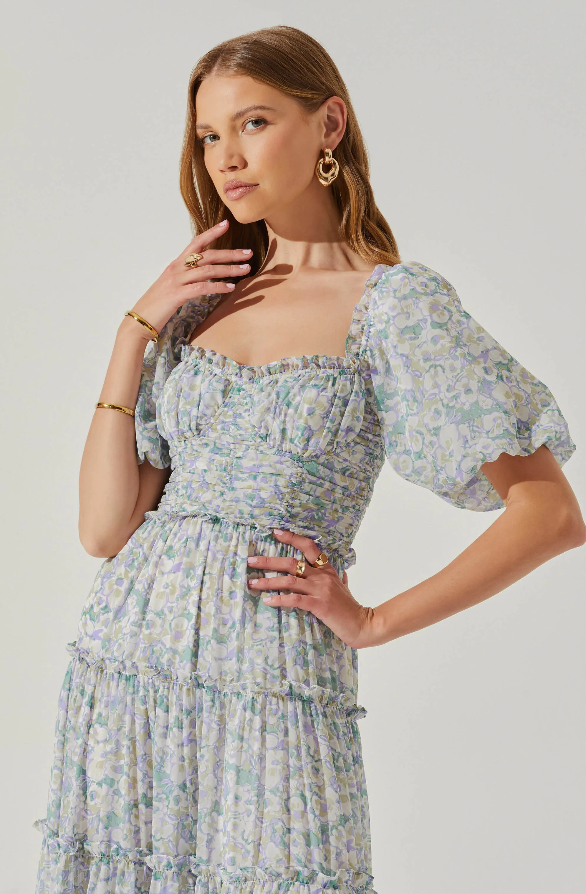 Prina Floral Puff Sleeve Tiered Midi Dress sold by Astr product image thumbnail 2