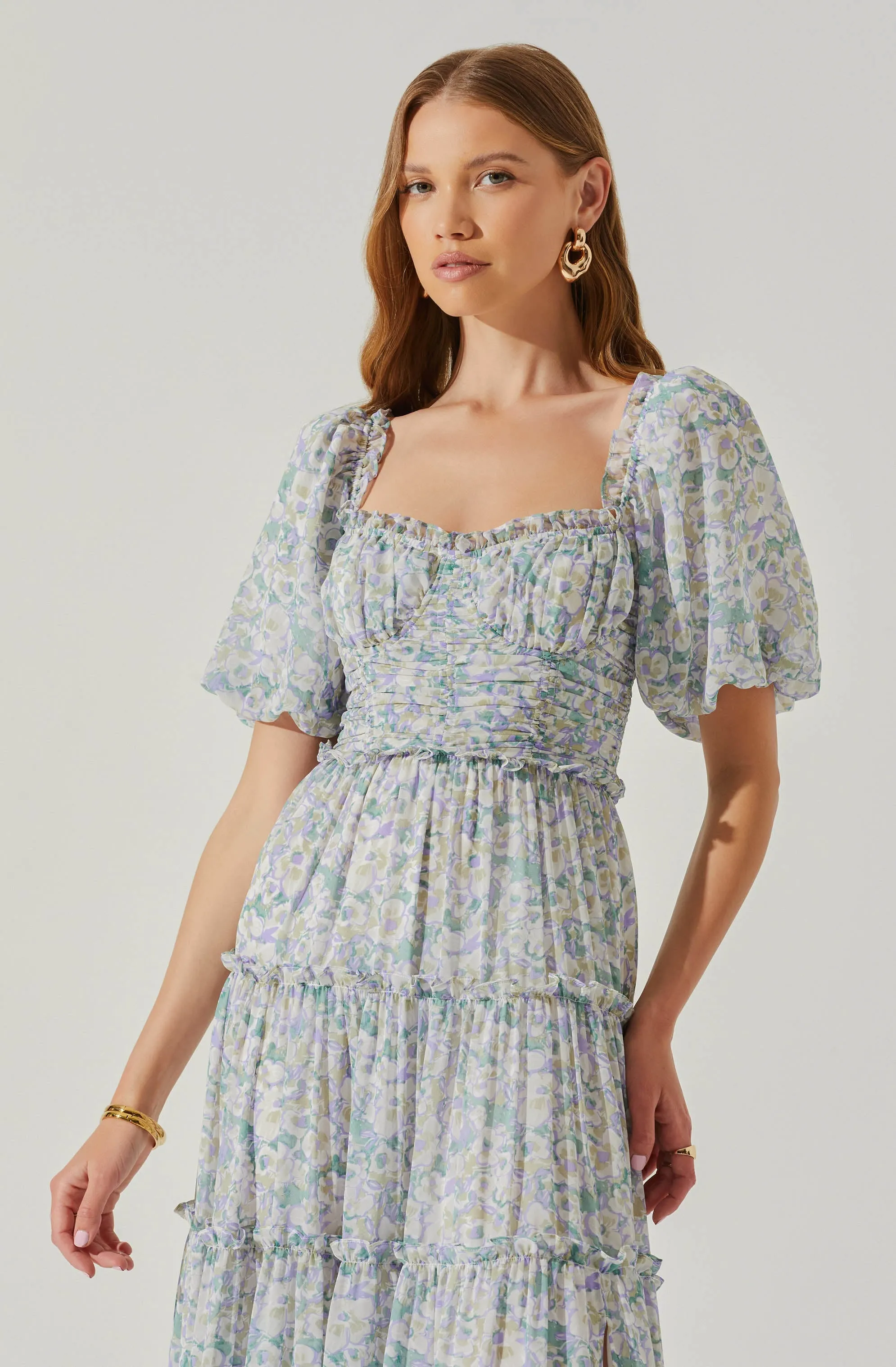 Prina Floral Puff Sleeve Tiered Midi Dress sold by Astr product image thumbnail 4