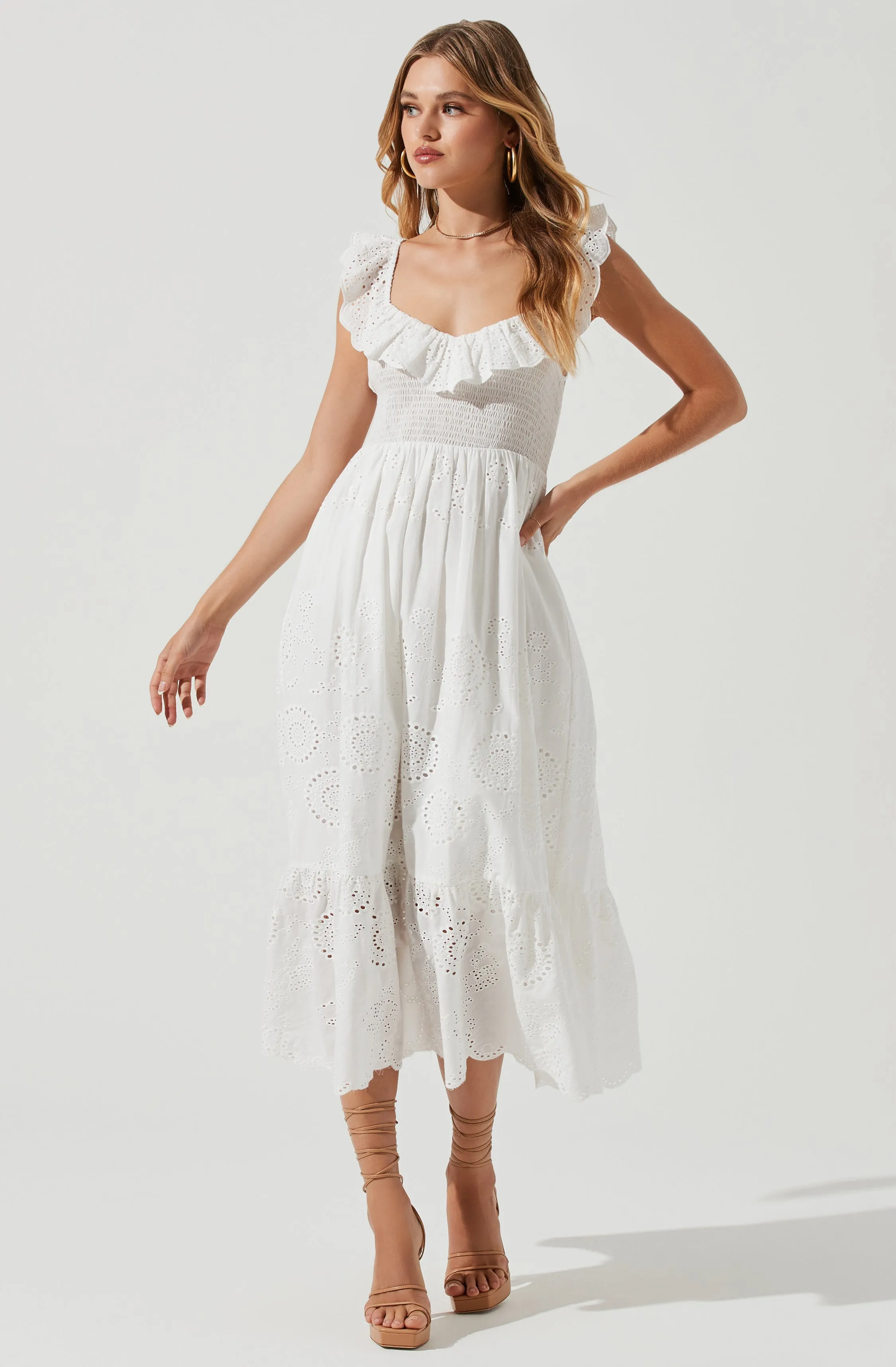 Cottage Eyelet Ruffle Midi Dress sold by Astr