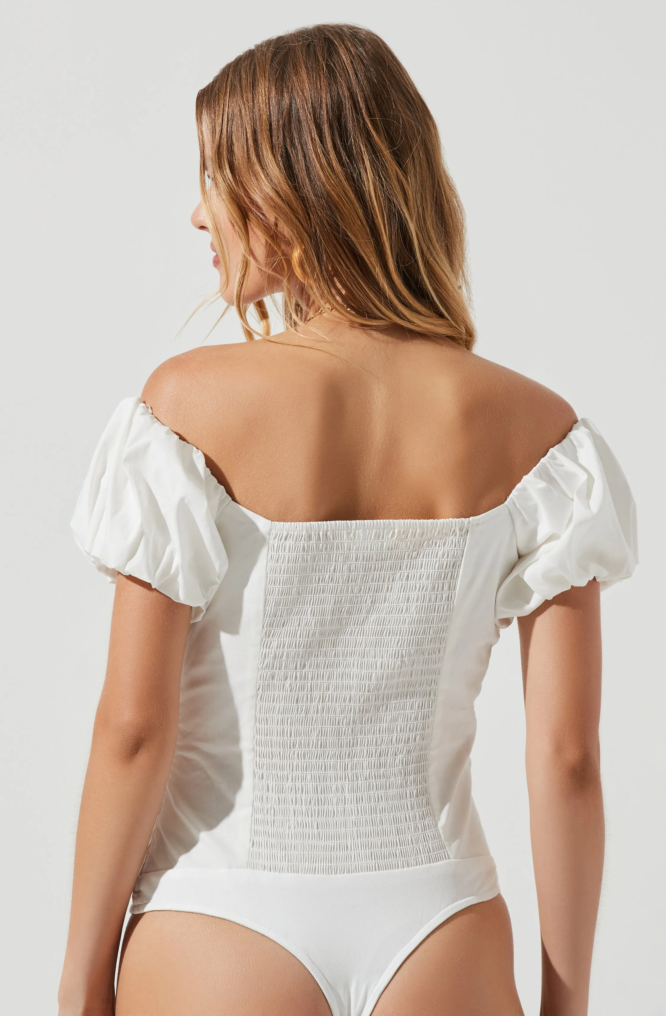 Rayne Ruched Off Shoulder Puff Sleeve Bodysuit sold by Astr product image thumbnail 4