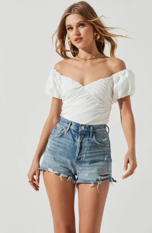 Rayne Ruched Off Shoulder Puff Sleeve Bodysuit sold by Astr