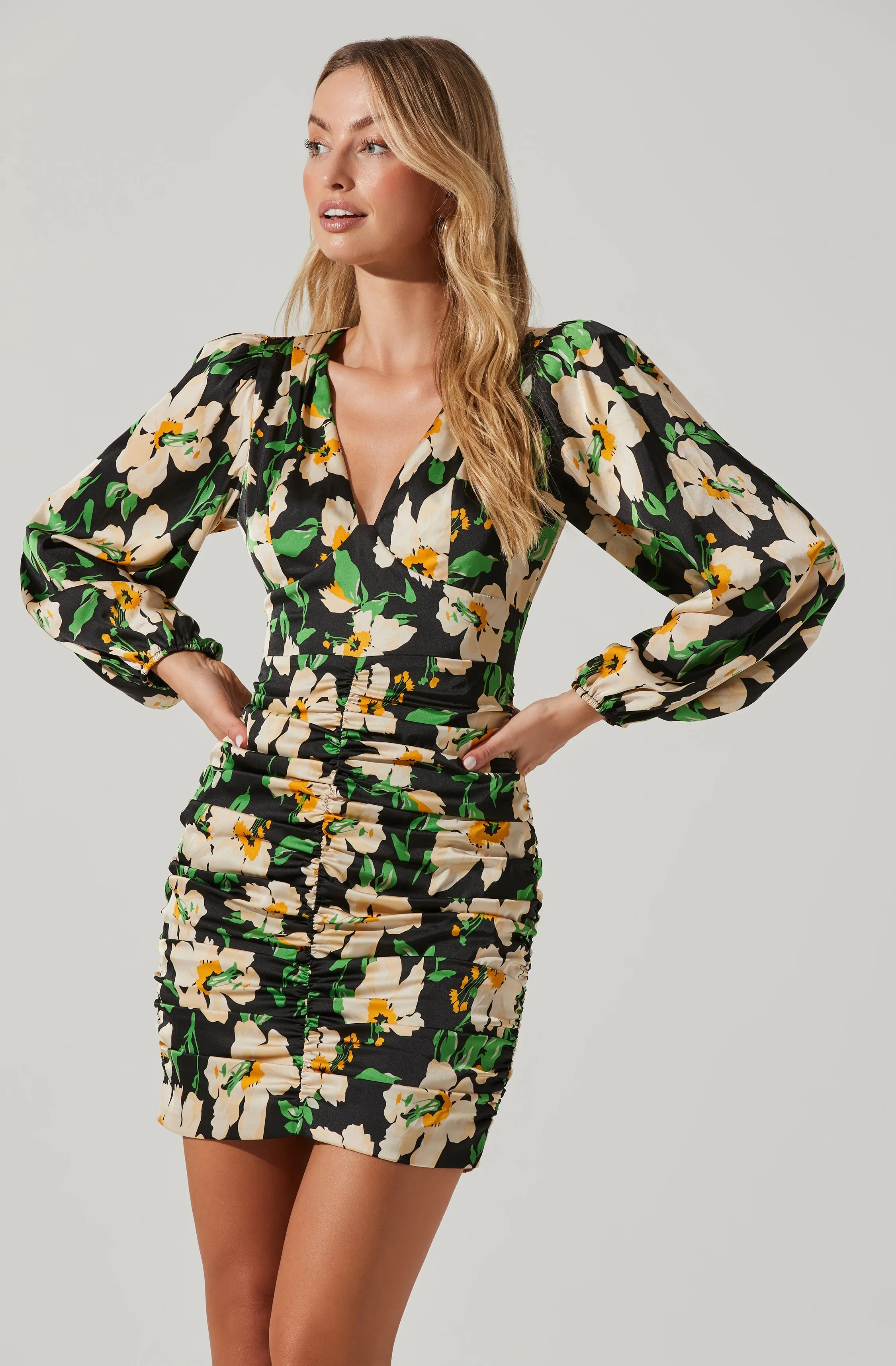 Floral Ruched V-Neck Mini Dress sold by Astr product image thumbnail 2