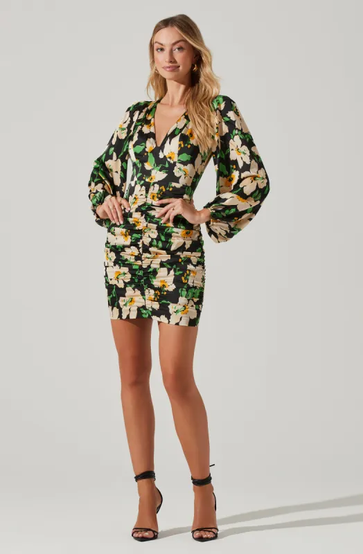 Floral Ruched V-Neck Mini Dress sold by Astr