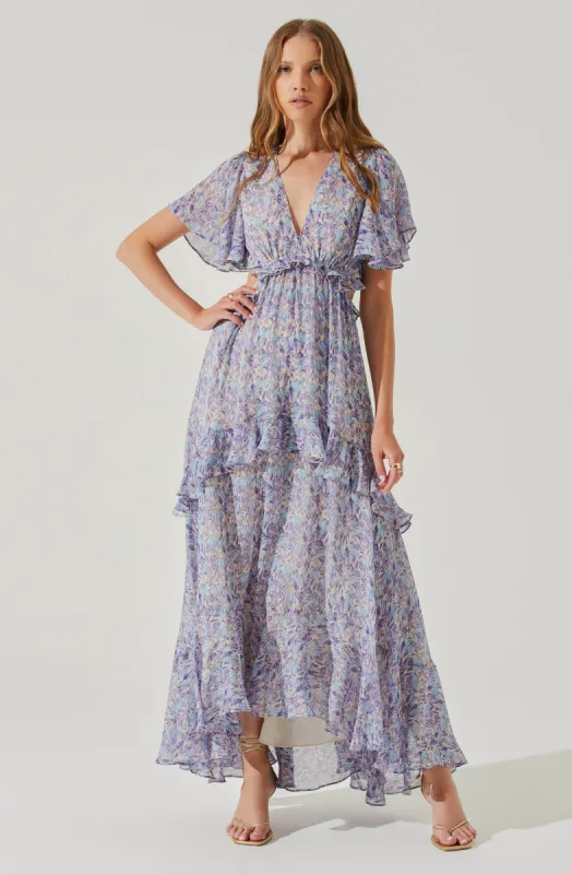 Cherli Floral Lace Up Tiered Ruffle Midi Dress sold by Astr
