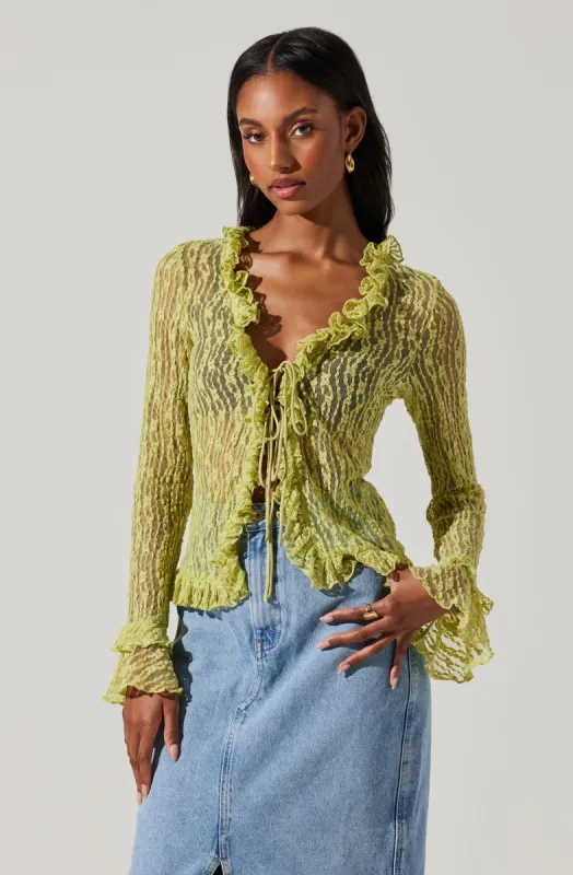 Ruffle Sheer Tie Front Top sold by Astr
