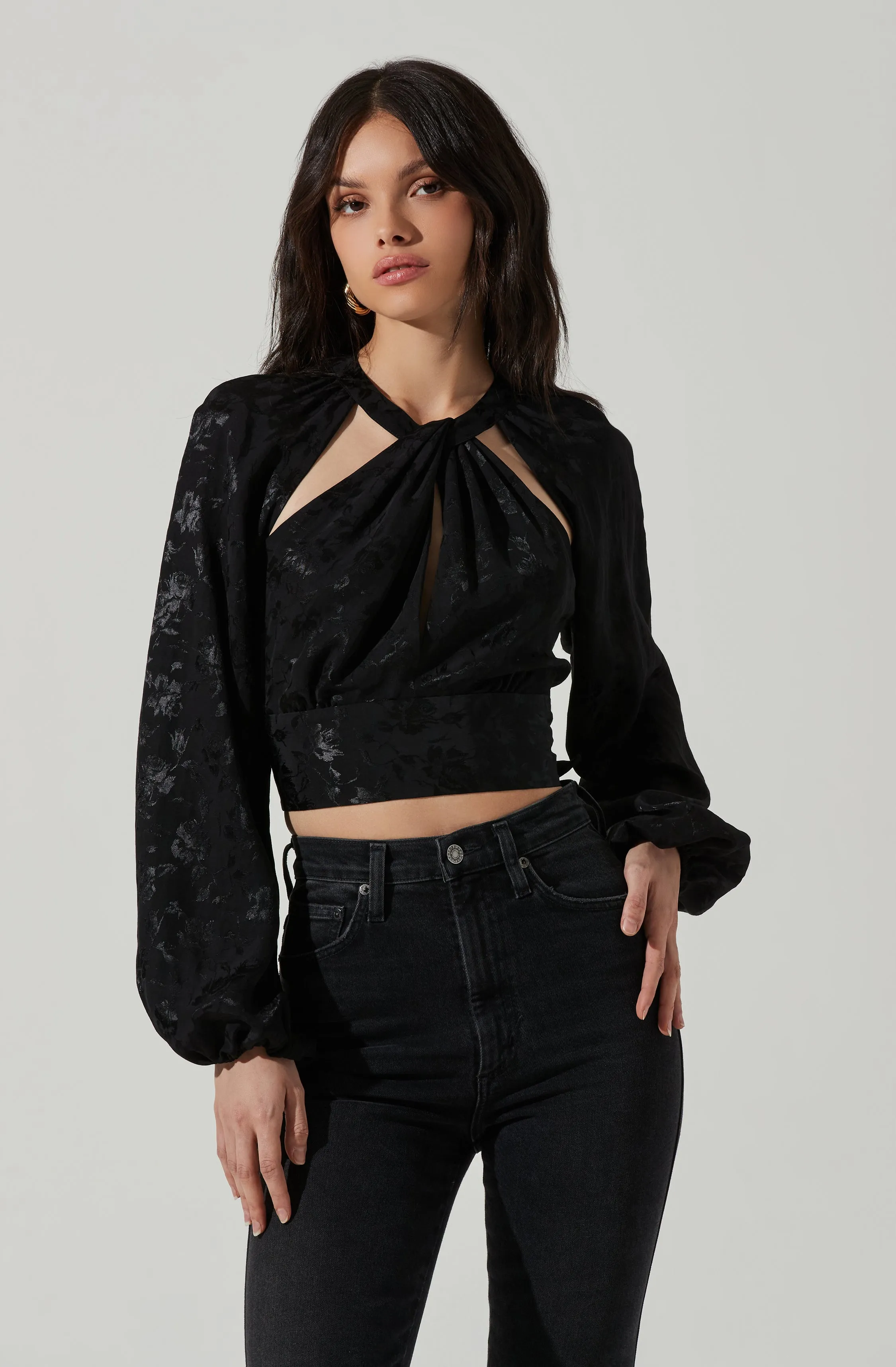 Betsy Floral Jacquard Cutout Long Sleeve Top sold by Astr