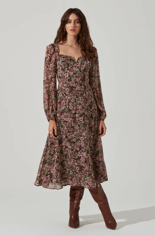 Floral V Front Long Sleeve Midi Dress sold by Astr
