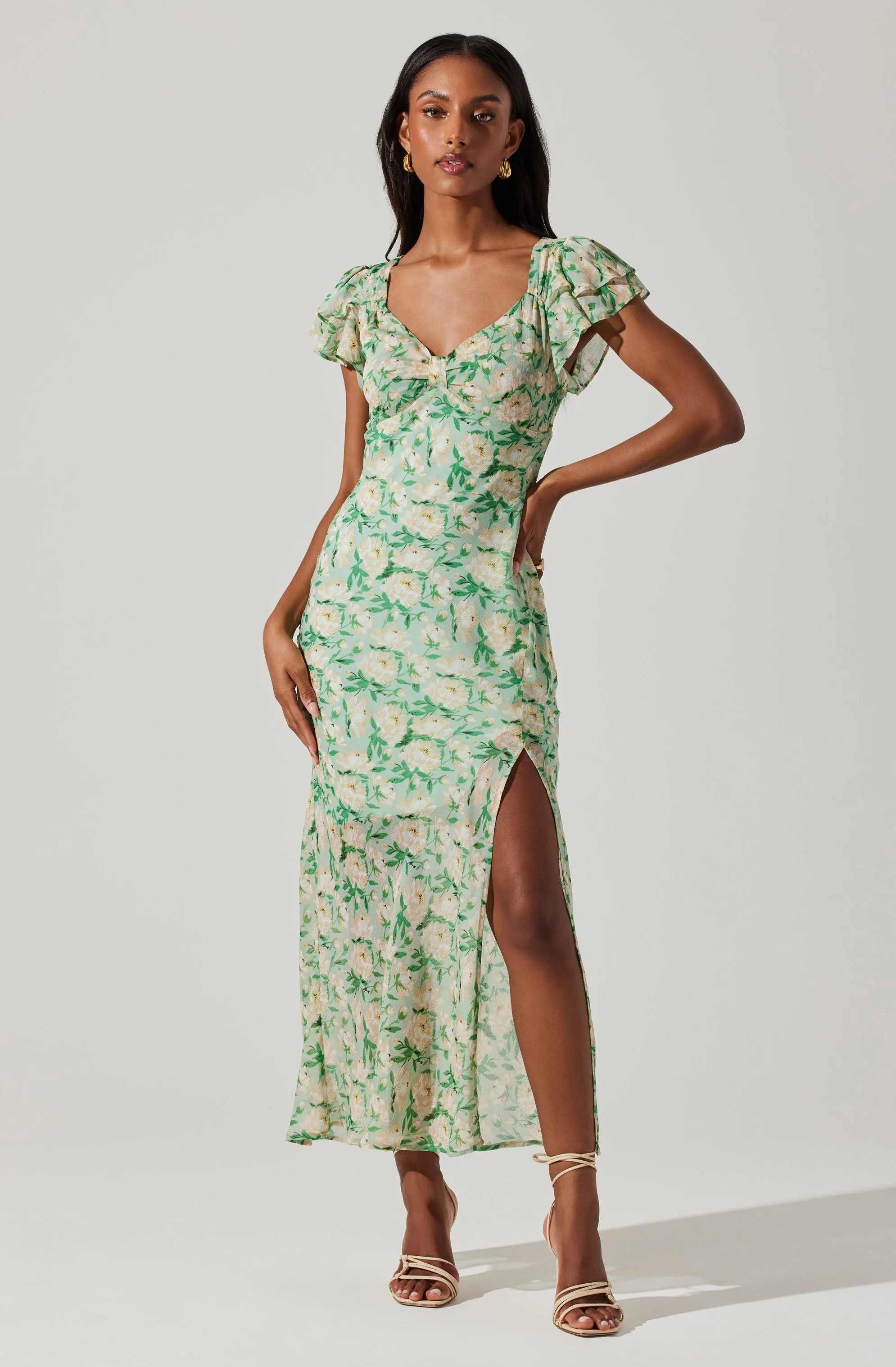 Maisy Floral Flutter Sleeve Midi Dress sold by Astr