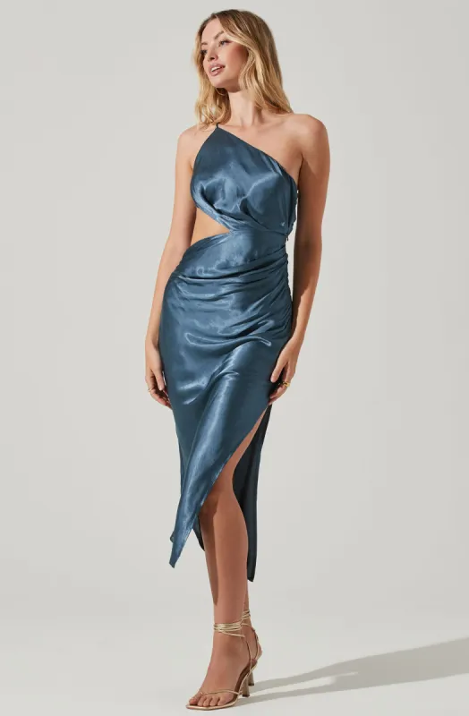 Martina Satin Side Cutout One Shoulder Midi Dress sold by Astr