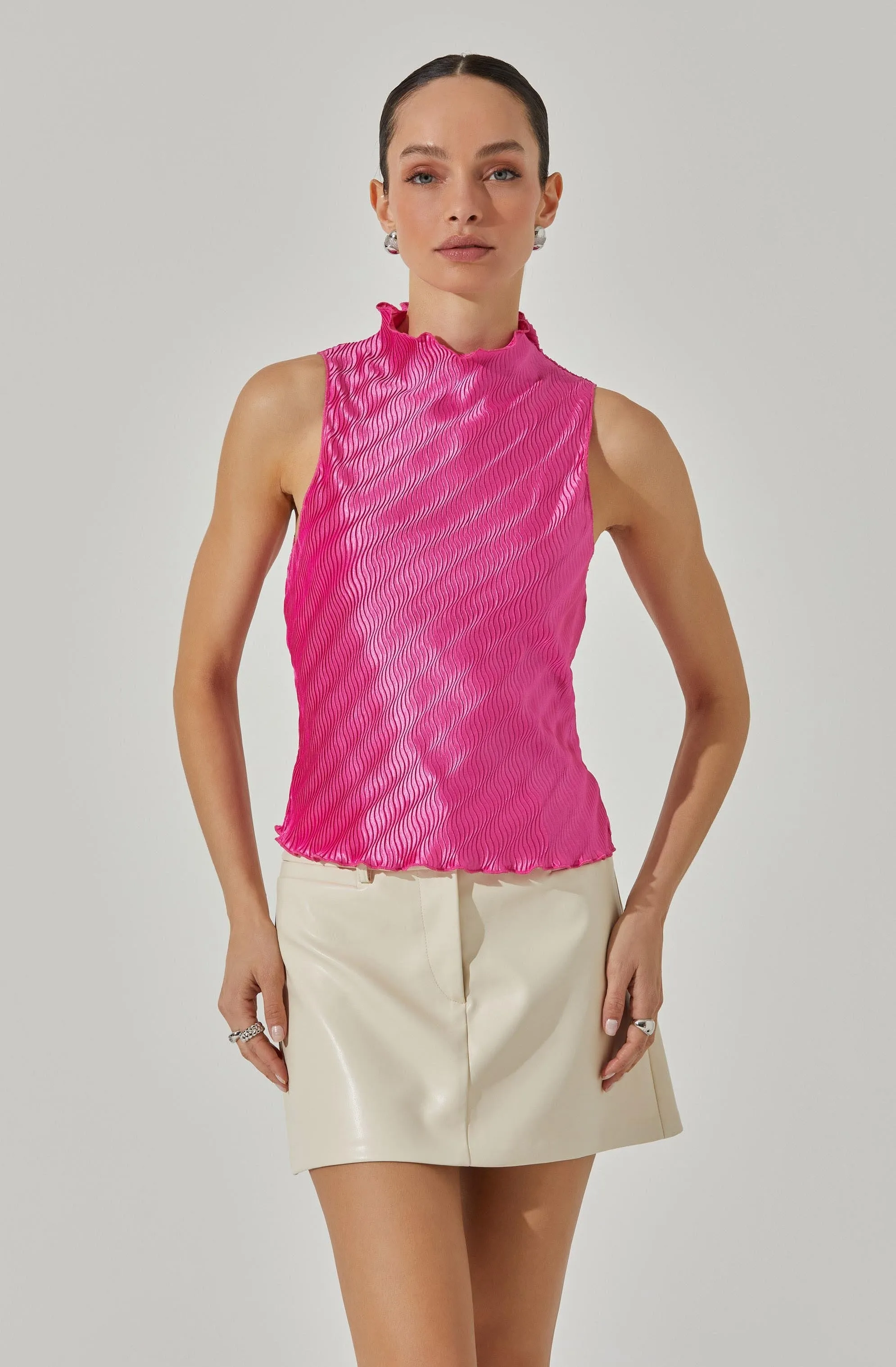 Plisse Sleeveless Mock Neck Top sold by Astr