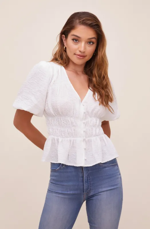 Ora Puff Sleeve Peplum Top made by Astr