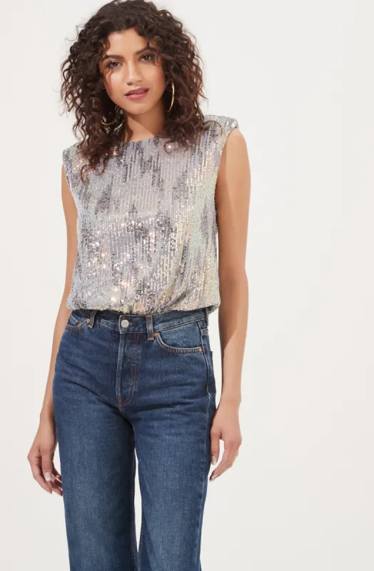 Hollywood Sequin Padded Shoulder Bodysuit sold by Astr