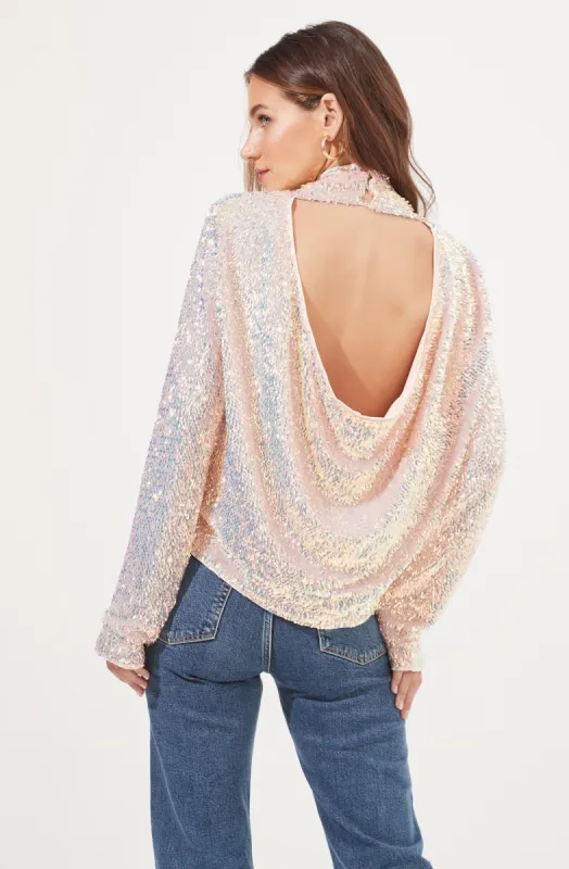 Lia Sequin Backless Mock Neck Top sold by Astr