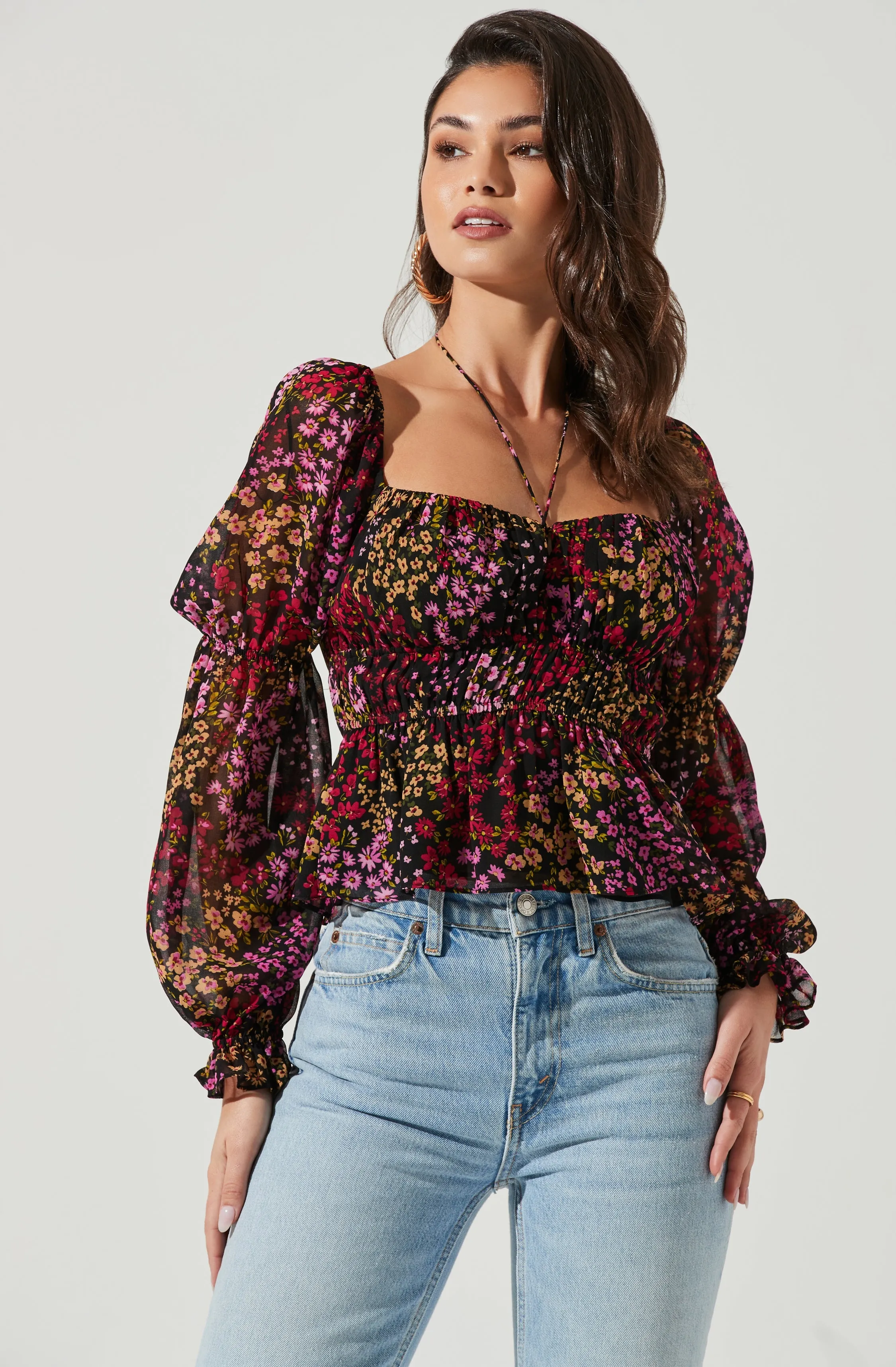 Bloomfield Floral Halter Long Sleeve Top sold by Astr