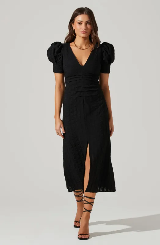 Puff Sleeve V Front Midi Dress sold by Astr