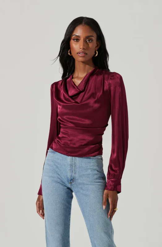 Lilith Satin Cowl Neck Long Sleeve Top sold by Astr