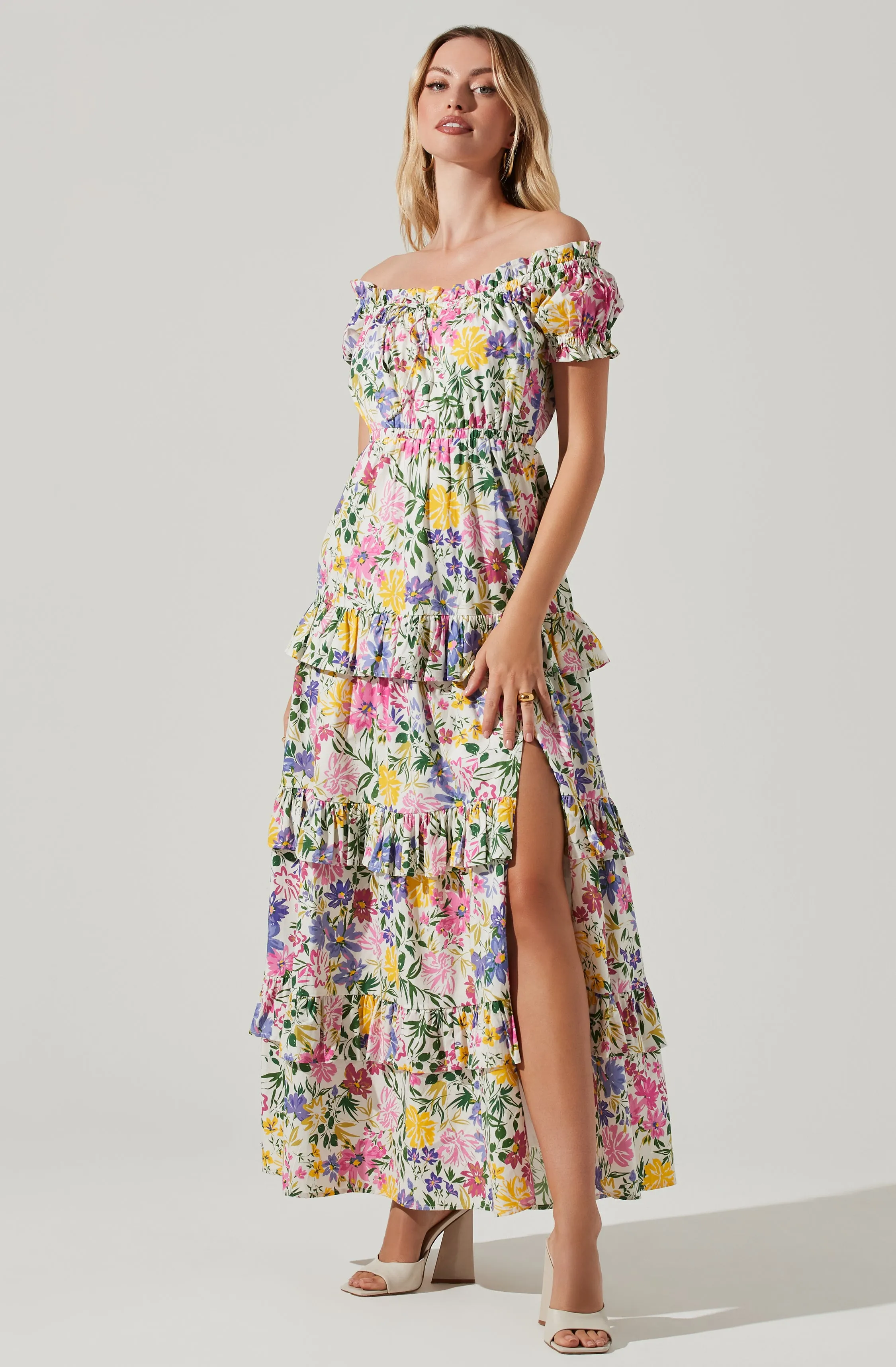 Viona Floral Off Shoulder Tiered Maxi Dress sold by Astr