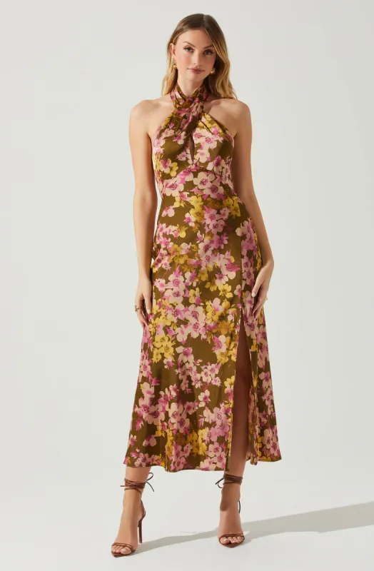 Marissa Satin Halter Neck Floral Midi Dress sold by Astr