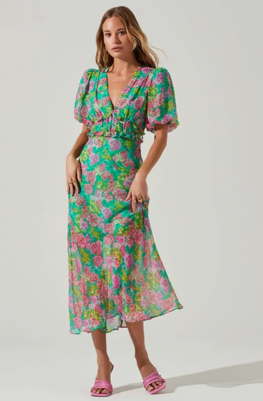 Esperanza Floral Puff Sleeve Midi Dress made by Astr