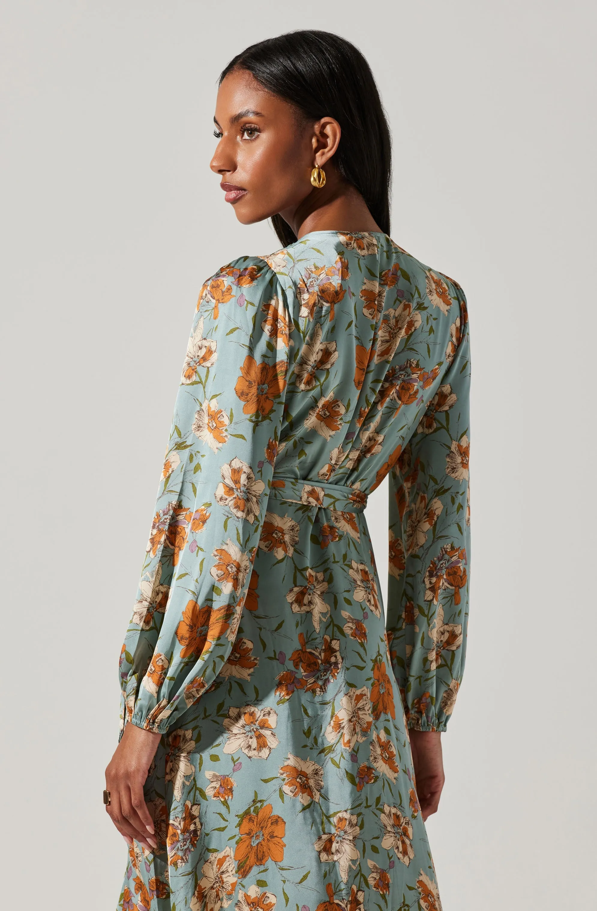 Floral Satin Wrap Long Sleeve Midi Dress sold by Astr product image thumbnail 4