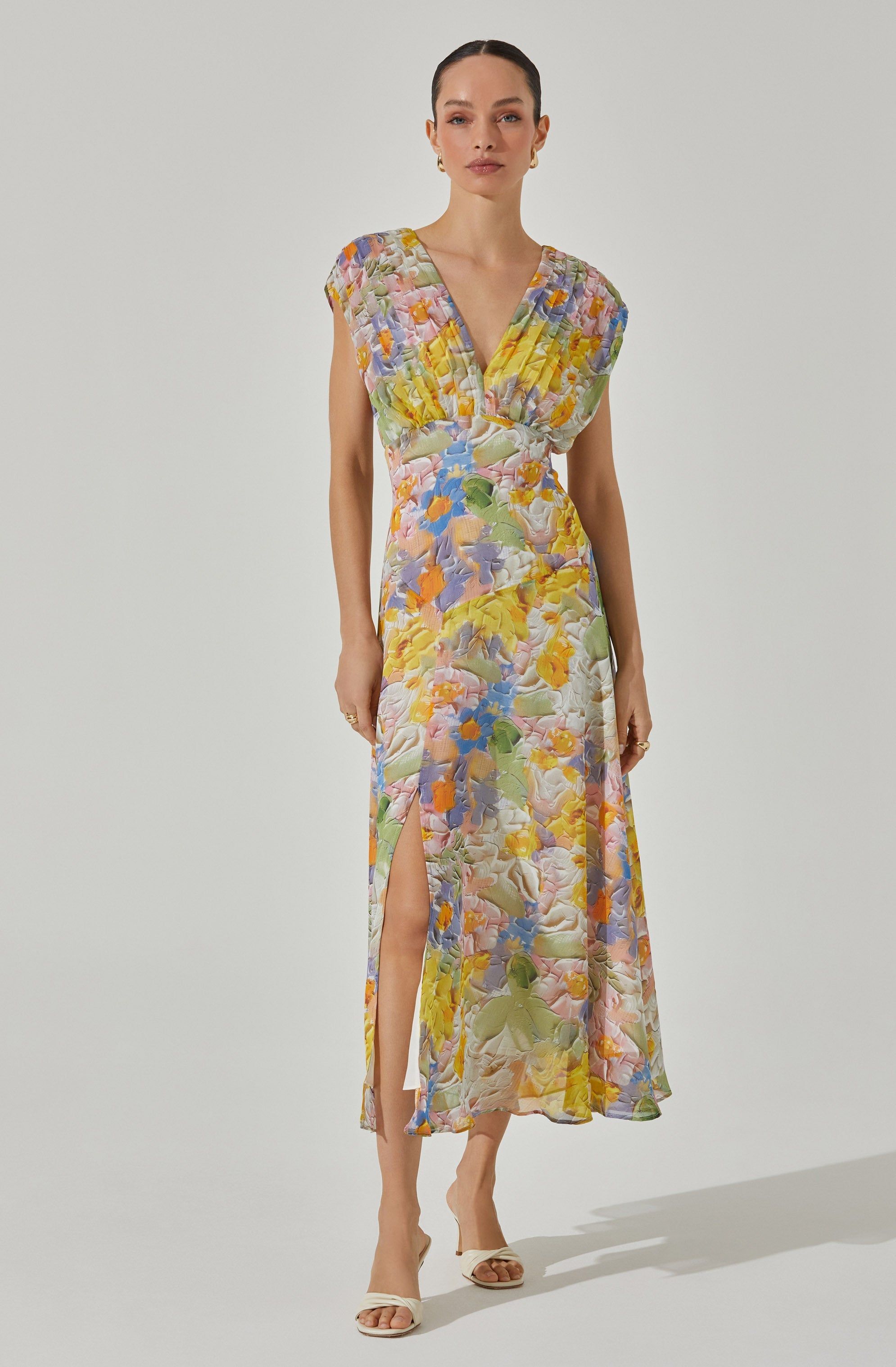 V-neck pleated bodice dress sold by Astr