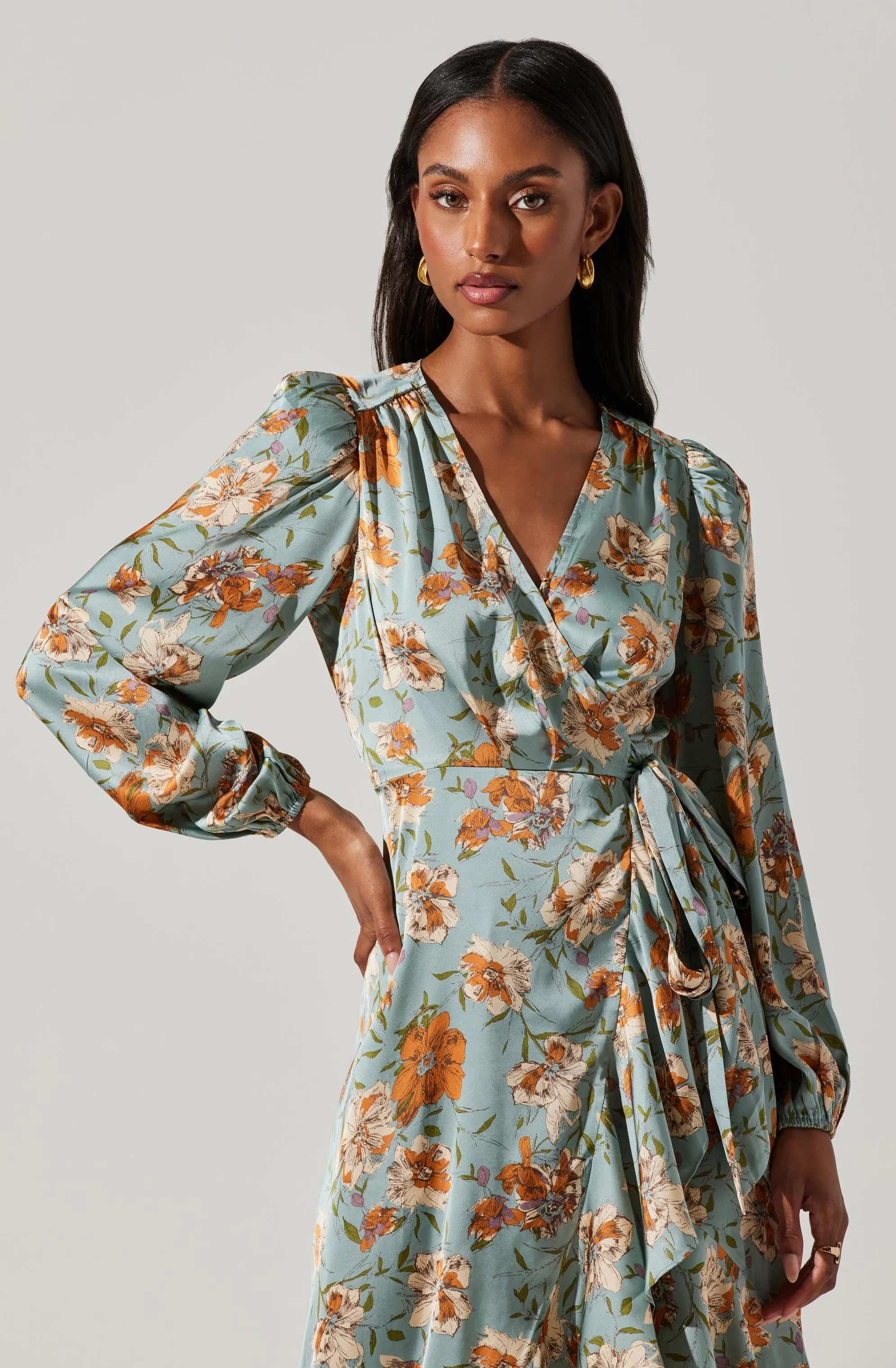 Floral Satin Wrap Long Sleeve Midi Dress sold by Astr product image thumbnail 2