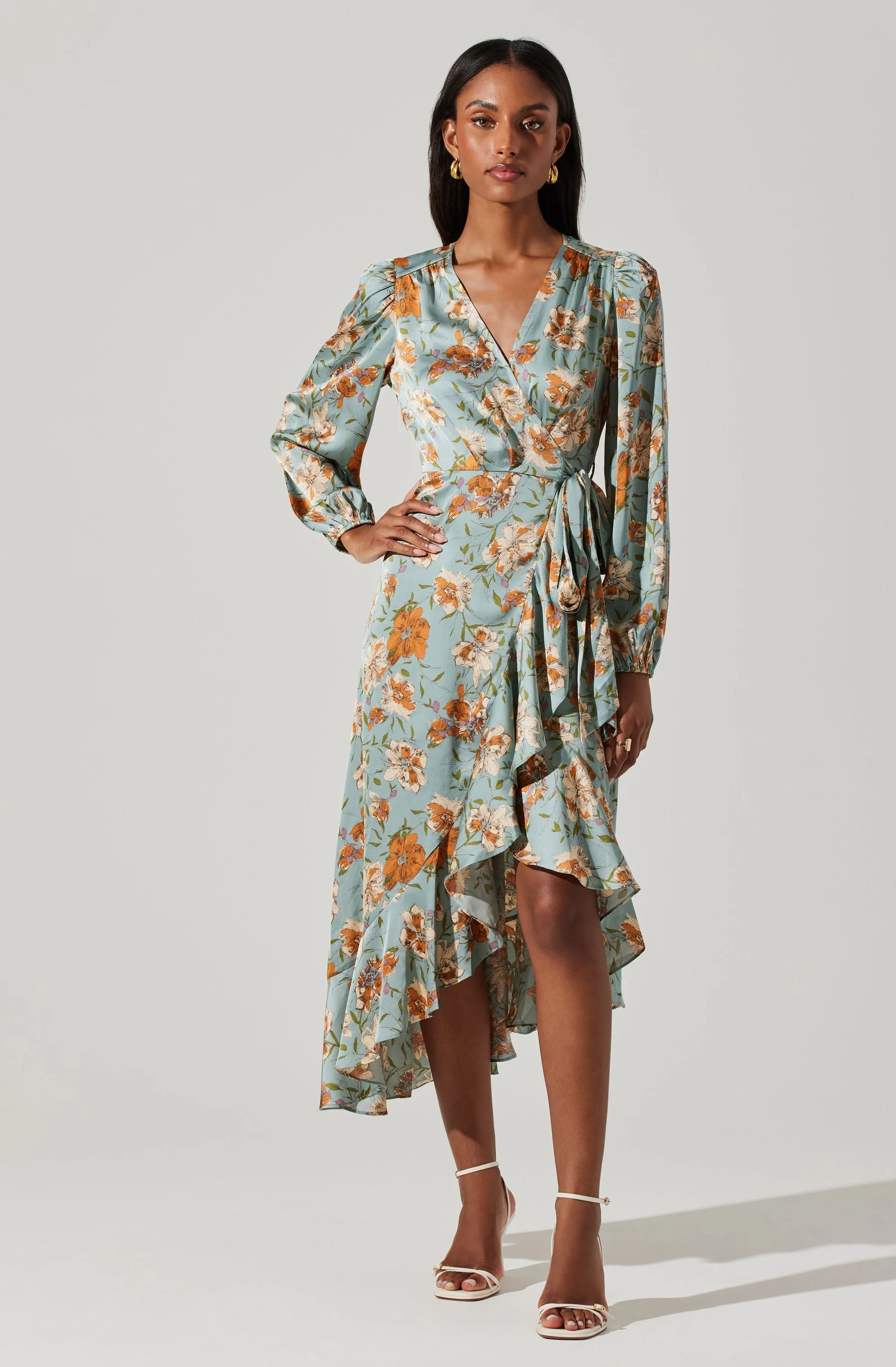 Floral Satin Wrap Long Sleeve Midi Dress sold by Astr