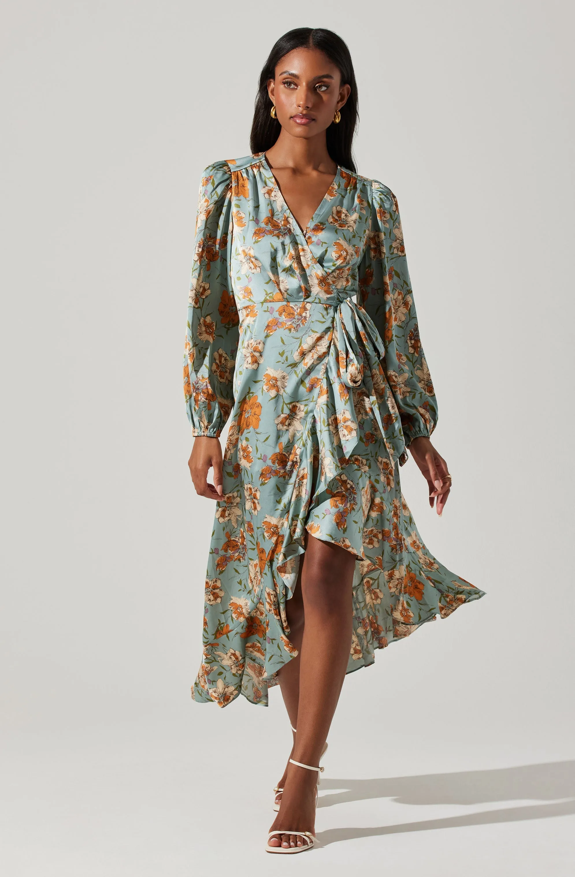 Floral Satin Wrap Long Sleeve Midi Dress sold by Astr product image thumbnail 3