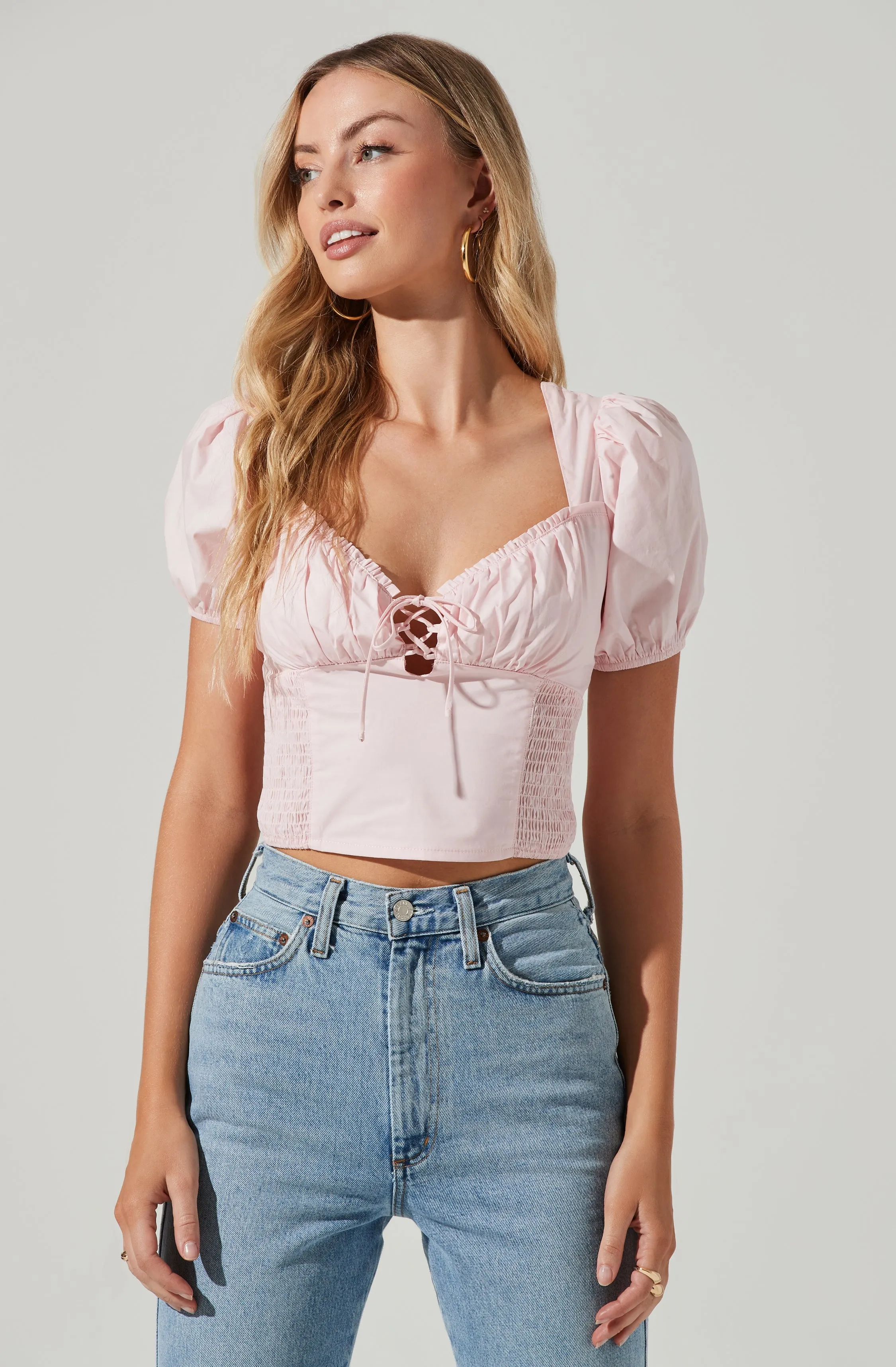 Poplin Lace Up Puff Sleeve Top sold by Astr product image thumbnail 5