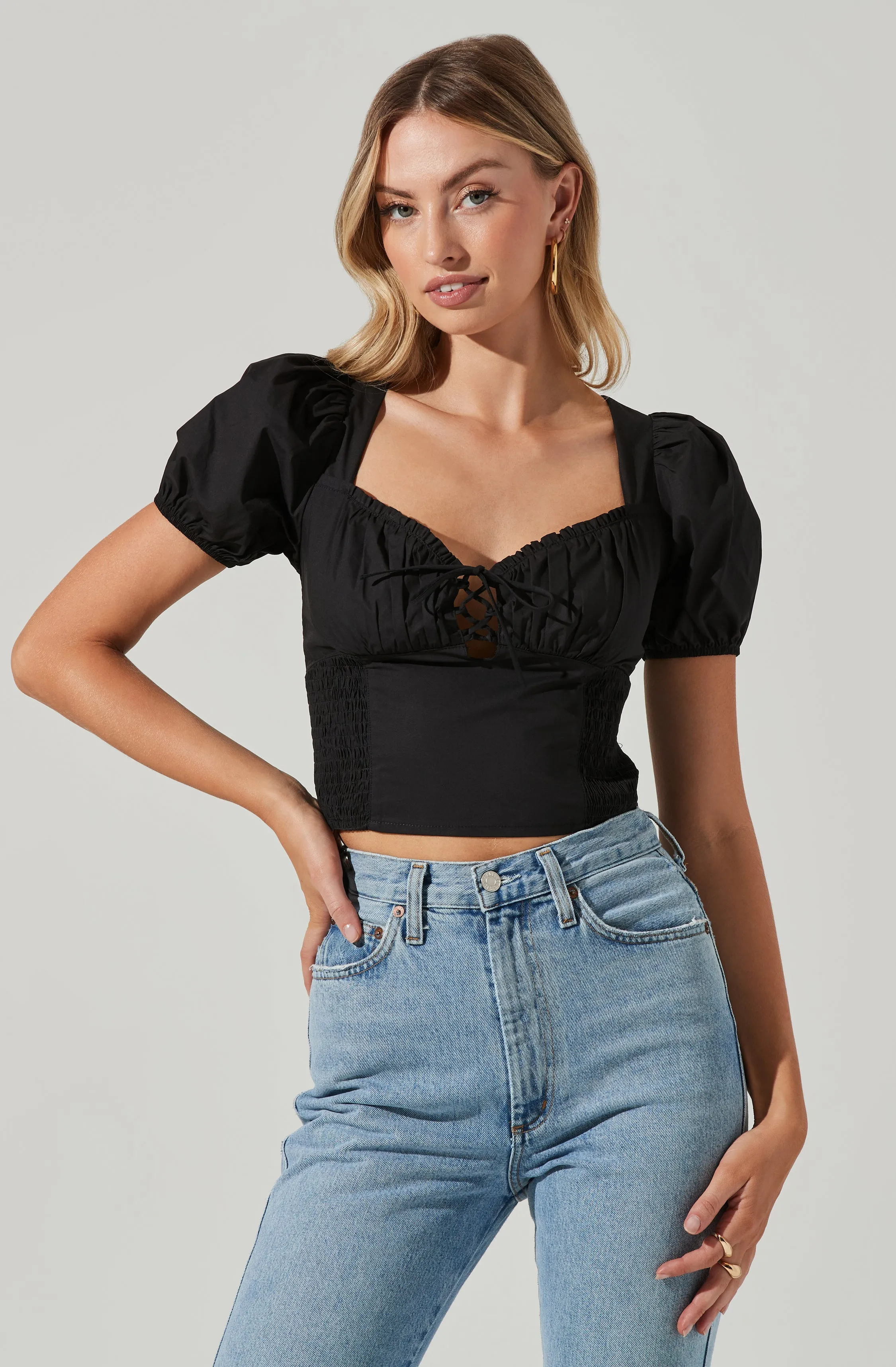 Poplin Lace Up Puff Sleeve Top sold by Astr