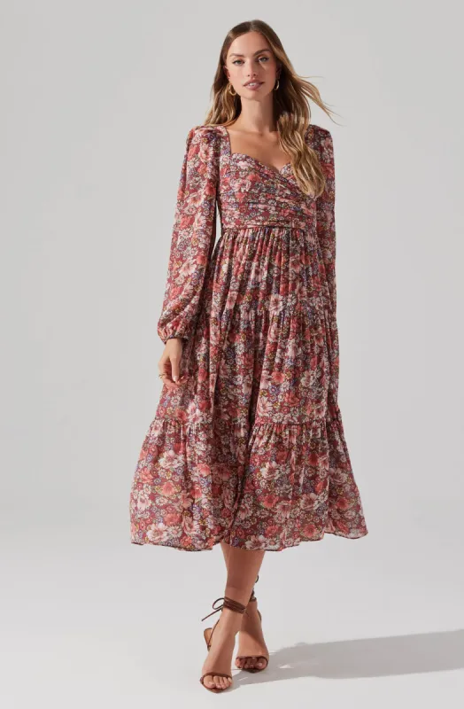 Floral Pleated Surplice Puff Sleeve Midi Dress sold by Astr