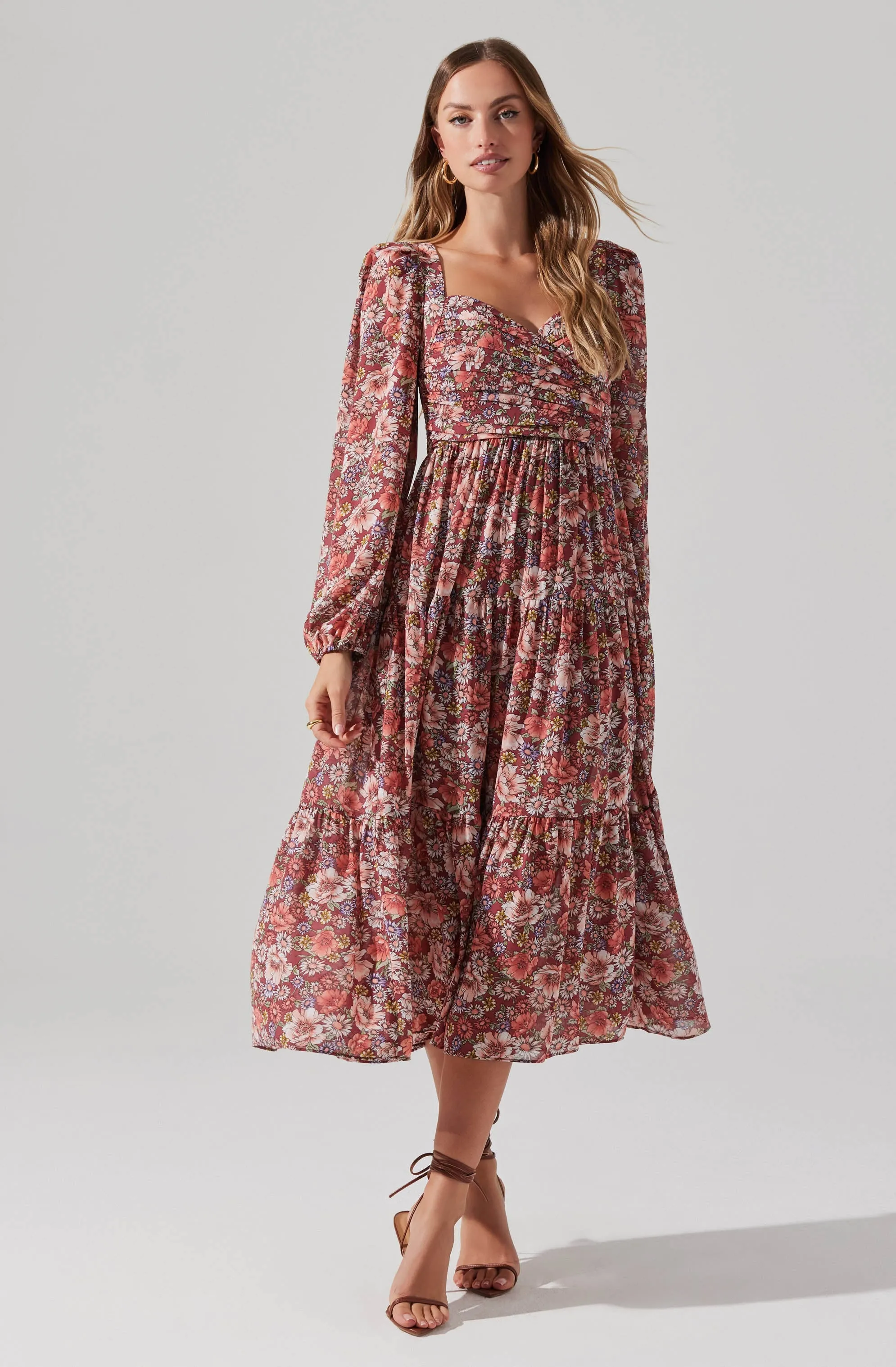 Floral Pleated Surplice Puff Sleeve Midi Dress sold by Astr