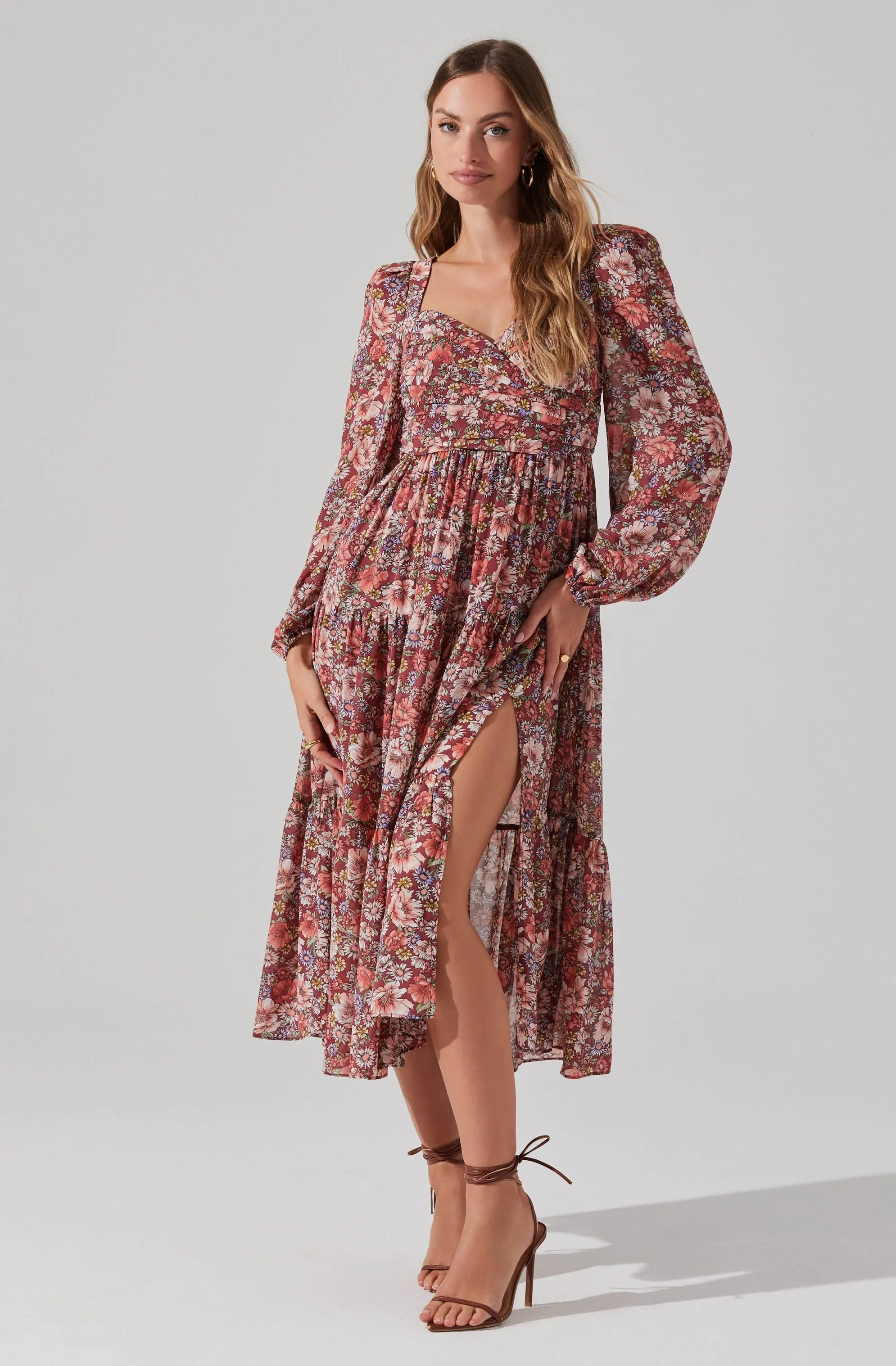 Floral Pleated Surplice Puff Sleeve Midi Dress sold by Astr product image thumbnail 3