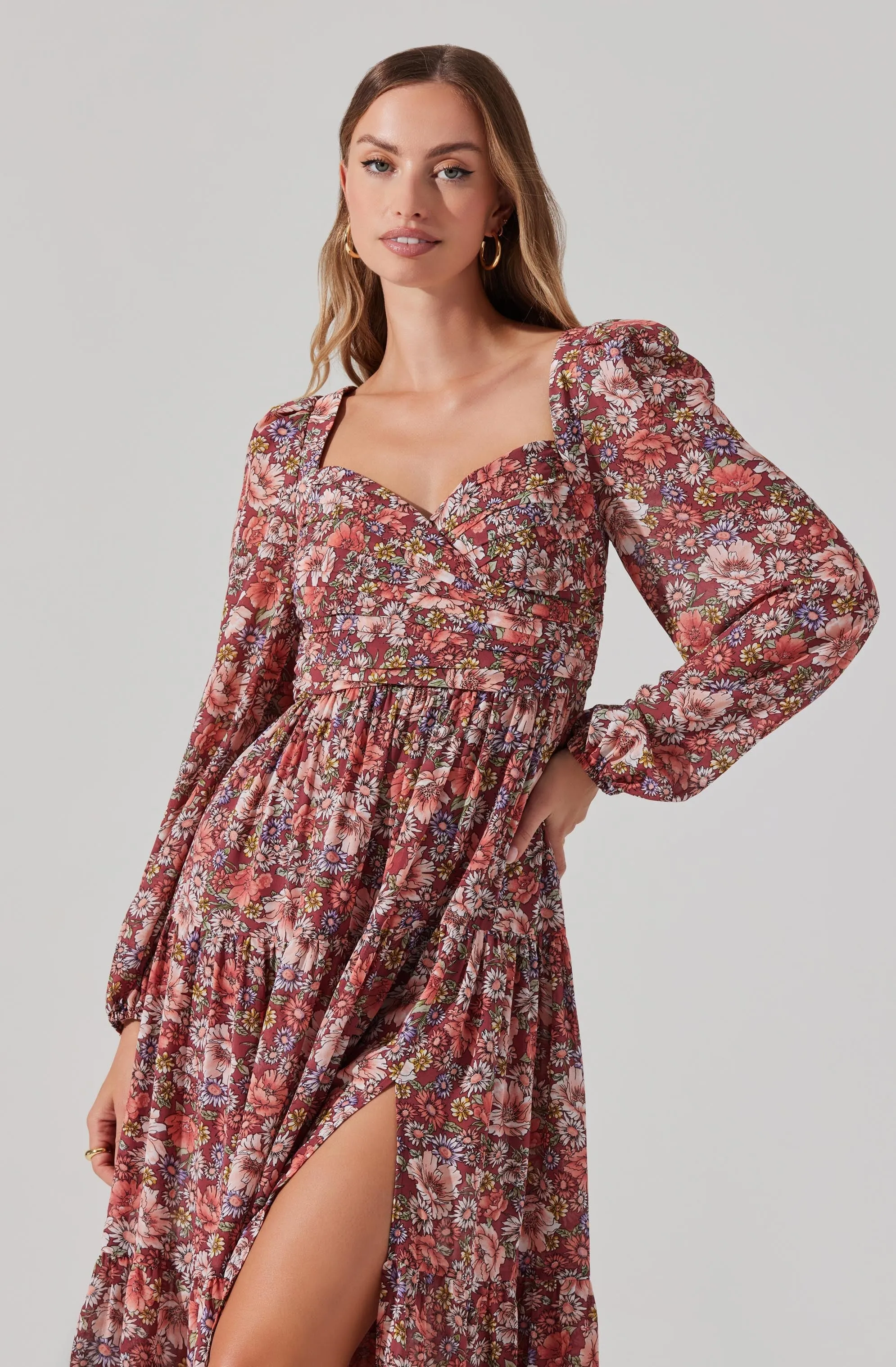 Floral Pleated Surplice Puff Sleeve Midi Dress sold by Astr product image thumbnail 4