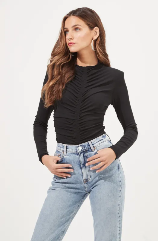 Hollis Ruched Long Sleeve Padded Shoulder Bodysuit sold by Astr