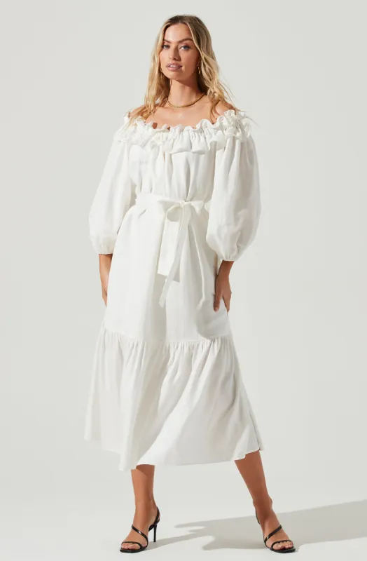 Briony Ruffle Tie Waist Puff Sleeve Midi Dress made by Astr