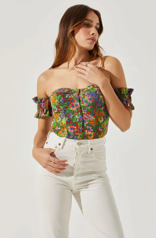 Off Shoulder Floral Ruffle Corset Top sold by Astr