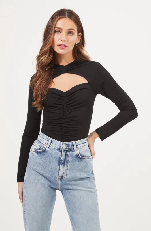 Cristen Ruched Cutout Bodysuit made by Astr